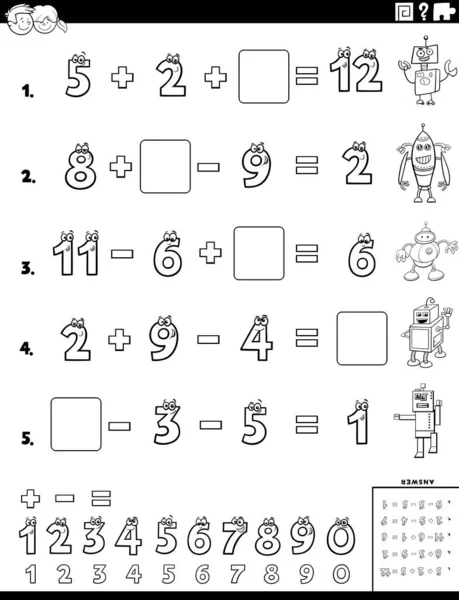 Desenhos Animados Preto Branco Ilustração Cálculo Matemático Educacional Planilha Tarefa —  Vetores de Stock