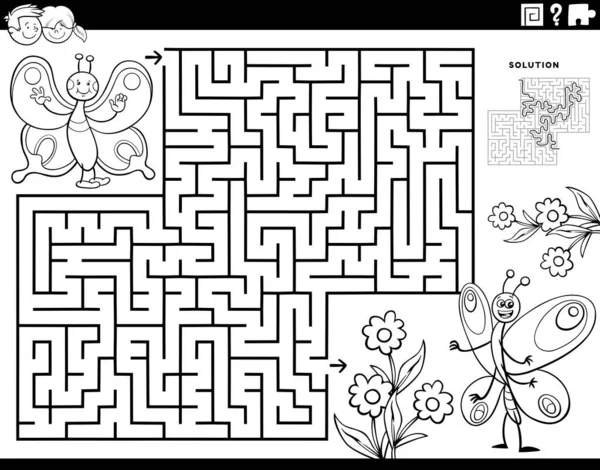 Desenho Animado Preto Branco Ilustração Jogo Quebra Cabeça Labirinto Educacional — Vetor de Stock