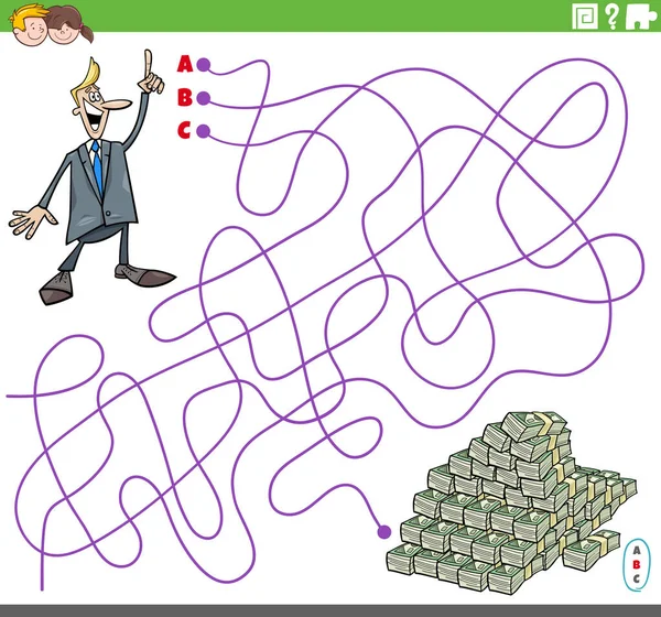 Cartoon Ilustrace Linií Bludiště Puzzle Hra Podnikatelem Charakter Hromada Peněz — Stockový vektor