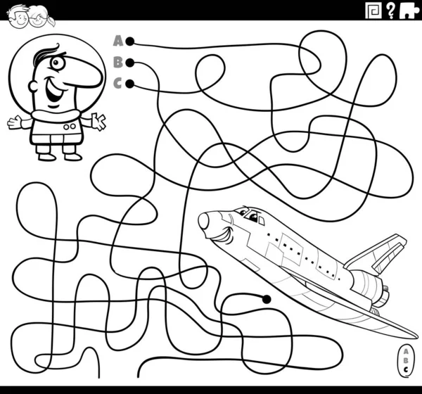 Černobílé Kreslené Ilustrace Linií Bludiště Puzzle Hra Astronaut Charakter Prostor — Stockový vektor