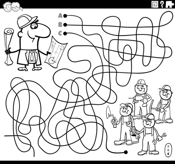 Černobílé Kreslené Ilustrace Linií Bludiště Puzzle Hra Architektem Nebo Inženýrem — Stockový vektor