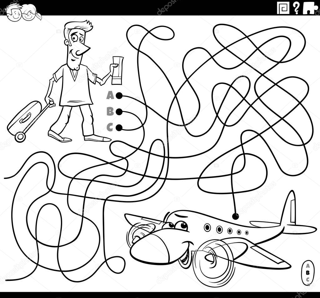 Black and white cartoon illustration of lines maze puzzle game with man with ticket and suitcase ready to take off and the airliner coloring book page