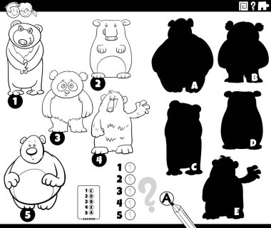 Ayılar için hayvani karakterler boyama kitabı sayfası olan çocuklar için eğitici bir oyun olan resimlerin doğru gölgelerini bulmanın siyah ve beyaz çizimi