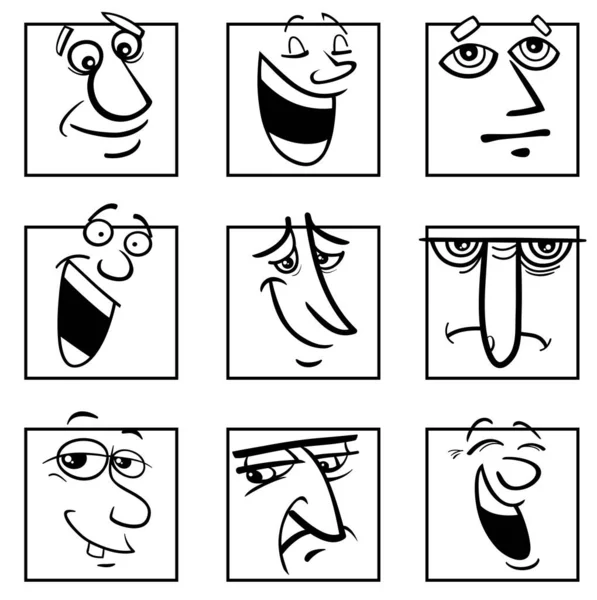 Desenhos Animados Preto Branco Ilustração Quadrinhos Engraçados Rostos Emoticons Conjunto — Vetor de Stock