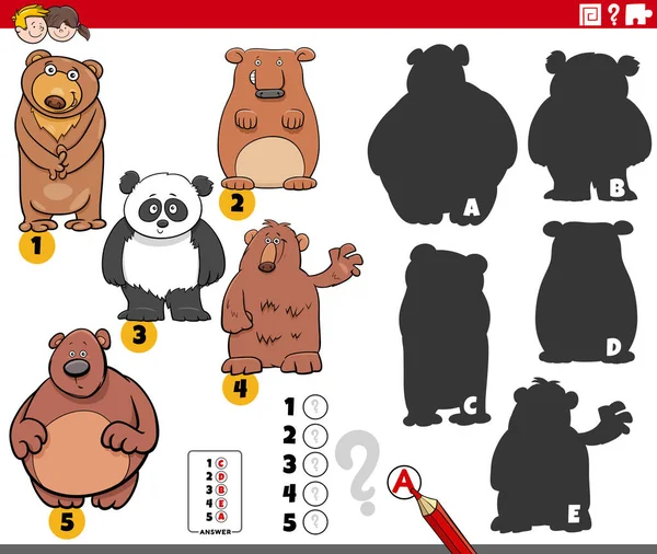 クマの動物の文字を持つ子供のための絵教育ゲームへの右の影を見つけるの漫画のイラスト — ストックベクタ
