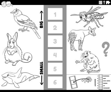 Çocuklar için çizgi roman sayfası boyama karakterleri olan en büyük ve en küçük hayvan türünü bulmanın eğitici oyununun siyah ve beyaz çizimi