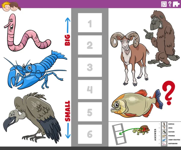 Cartoon Ilustrace Vzdělávací Hra Hledání Největších Nejmenších Živočišných Druhů Komickými — Stockový vektor