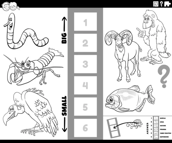 Fekete Fehér Rajzfilm Illusztráció Oktatási Játék Megtalálása Legnagyobb Legkisebb Állatfaj — Stock Vector