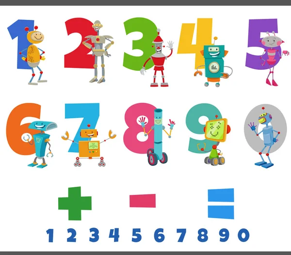 Cartoon Illustration Educational Numbers Set One Nine Funny Robots Characters — Stock Vector