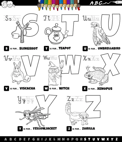 Schwarz Weiße Zeichentrickillustration Von Großbuchstaben Alphabet Lernset Für Lese Und — Stockvektor