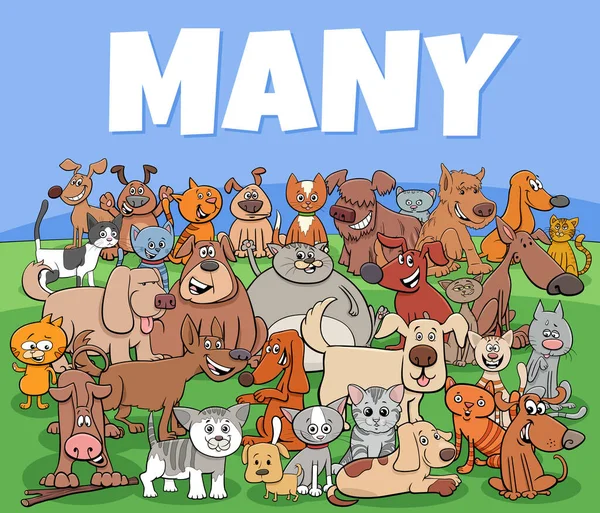 Illustration Dessins Animés Nombreux Chats Chiens Groupe Caractères Animaux — Image vectorielle