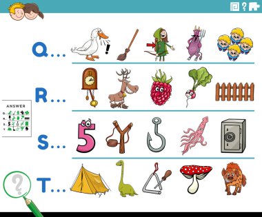 Çizgi film illüstrasyonu, anaokulu ya da çizgi roman karakterli ilkokul çocukları için referans mektupla başlayan eğitici görev çalışma kağıdıyla başlar.