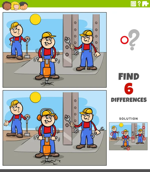 在建筑工地上发现工人或建筑工人有趣的儿童图片教育游戏差异的卡通画说明 — 图库矢量图片