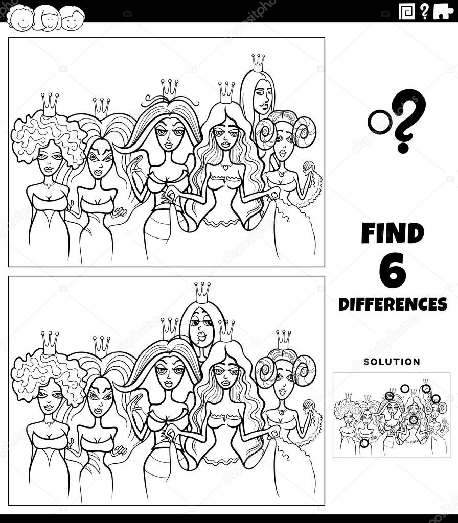 Black and white cartoon illustration of finding the differences between pictures educational game for children with queens or princesses characters group coloring book page