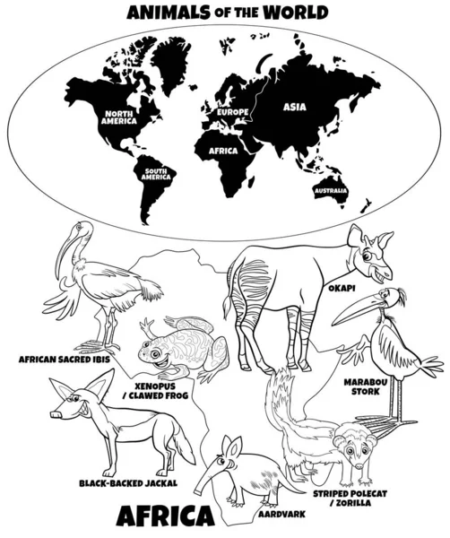 Zwart Wit Educatieve Cartoon Illustratie Van Afrikaanse Diersoorten Wereldkaart Met — Stockvector