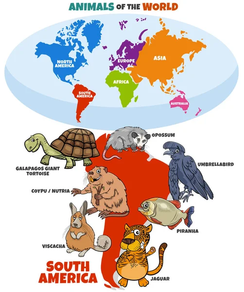 Educatieve Cartoon Illustratie Van Zuid Amerikaanse Diersoorten Wereldkaart Met Continenten — Stockvector