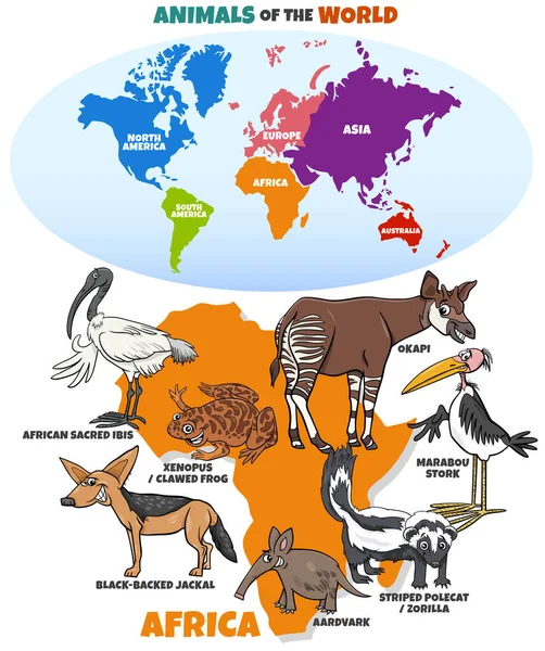 アフリカ動物種の教育漫画のイラストや大陸の形を持つ世界地図 — ストックベクタ