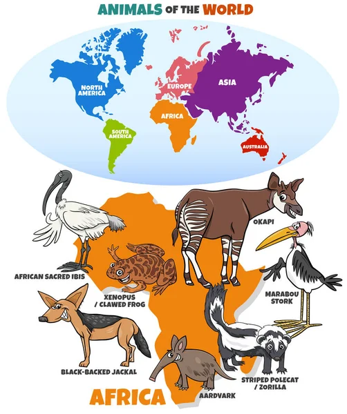 Ilustracja Kreskówki Edukacyjnej Afrykańskich Gatunków Zwierząt Mapy Świata Kształtami Kontynentów — Wektor stockowy