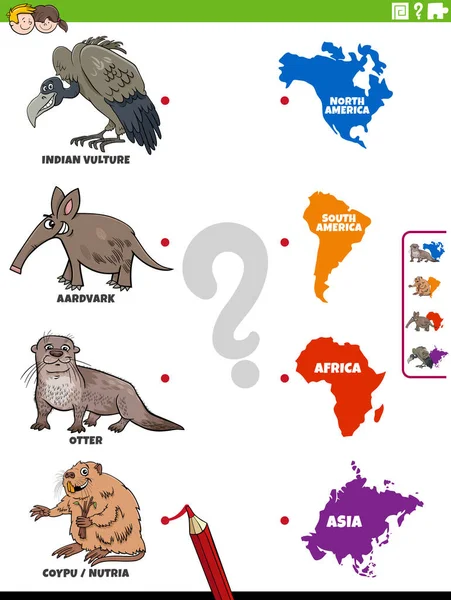 Tecknad Illustration Utbildningsmatchning För Barn Med Djurart Tecken Och Kontinenter — Stock vektor