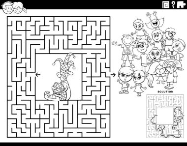 Palyaço ve çocukların oynadığı eğitici labirent bulmaca oyununun siyah beyaz karikatür çizimi