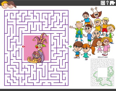 Cartoon illustration of educational maze puzzle game with clown and children characters vector Cartoon illustration of educational maze puzzle game with clown and children characters vector