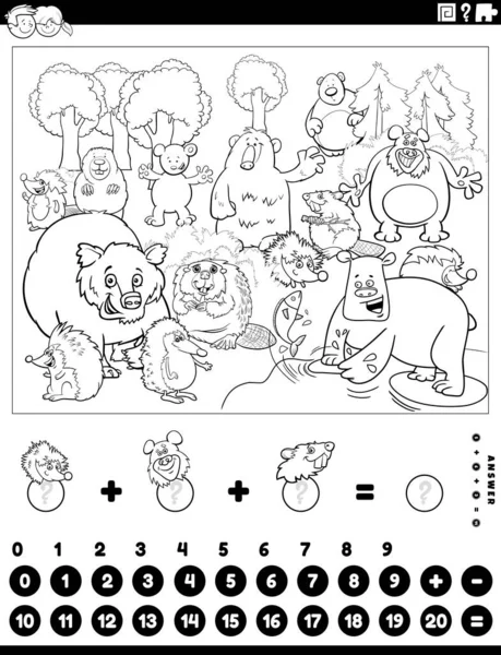 Illustrazione Bianco Nero Del Gioco Educativo Conteggio Addizione Matematica Bambini — Vettoriale Stock