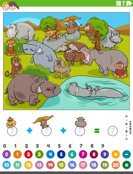 Cartoon Illustration Educational Mathematical Counting Addition Game Children Hippopotamus Buffalos — стоковый вектор