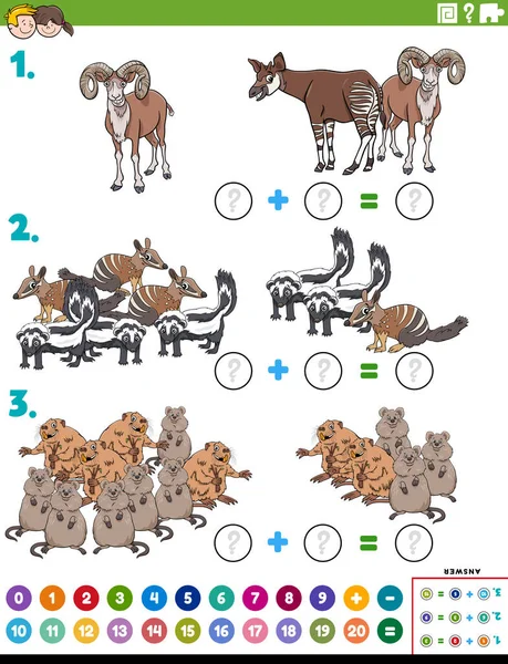 Ilustracja Kreskówki Edukacyjne Matematyczne Zadanie Dodanie Puzzle Dzikimi Postaciami Zwierząt — Wektor stockowy