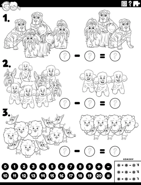 纯种宠物狗儿童教育数学减法任务的黑白卡通图解 — 图库矢量图片