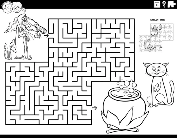 魔女と彼女の釜と黒猫ファンタジーキャラクターぬり絵のページと子供のための教育迷路パズルゲームの黒と白の漫画のイラスト — ストックベクタ