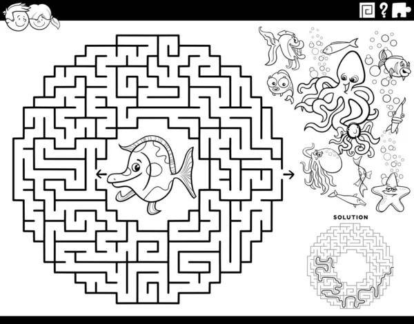 Svart Och Vit Tecknad Illustration Pedagogiska Labyrint Pusselspel För Barn — Stock vektor