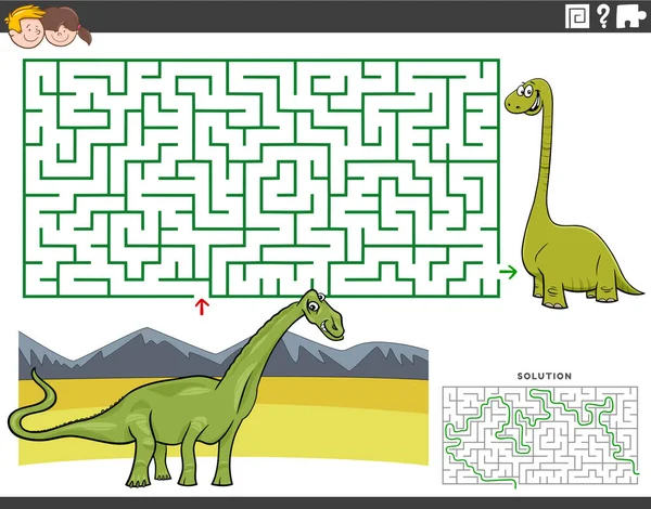 Rajzfilm Illusztrációja Oktatási Labirintus Kirakós Játék Gyerekeknek Vicces Dinoszauruszok Karakterek — Stock Vector