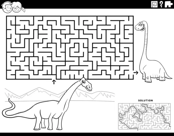 面白い恐竜の文字のぬり絵のページを持つ子供のための教育迷路パズルゲームの黒と白の漫画のイラスト — ストックベクタ