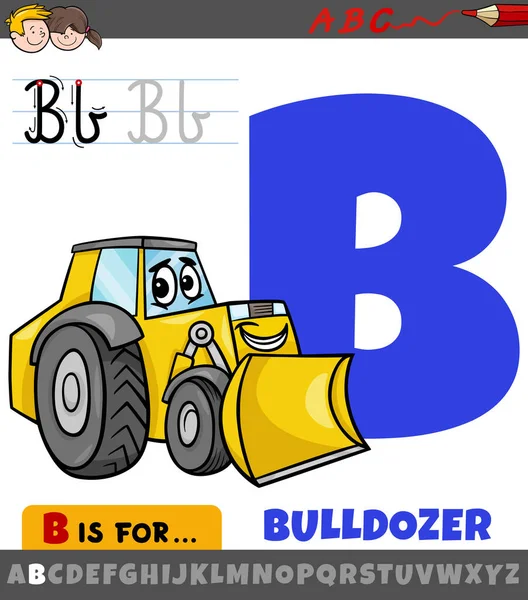 Educational Cartoon Illustration Letter Alphabet Bulldozer Vehicle Character — Stock Vector