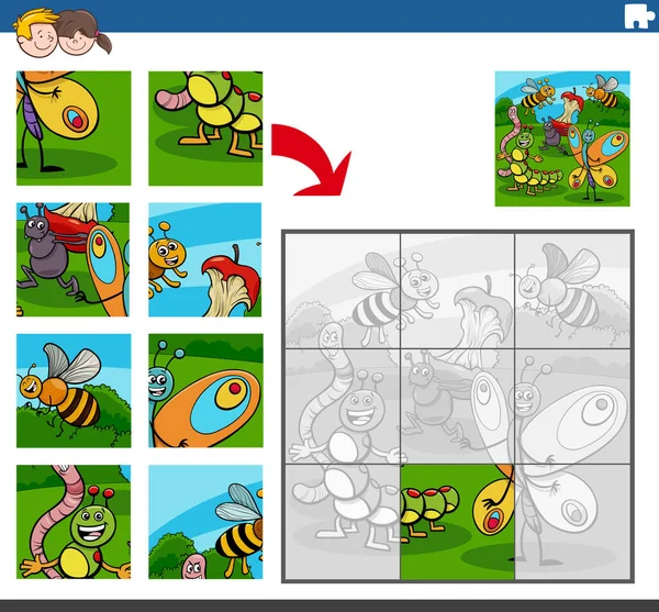 昆虫動物キャラクターを持つ子供のための教育ジグソーパズルゲームの漫画イラスト — ストックベクタ