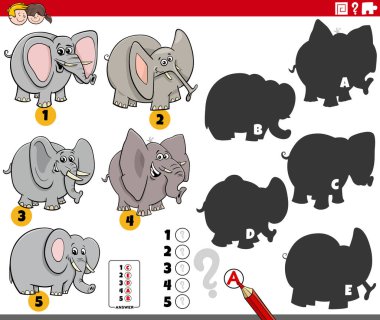 Filler için hayvan karakterleri olan çocuklar için eğitici bir oyun olan resimlerin doğru gölgelerini bulmanın çizgi film çizimi