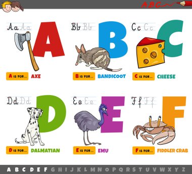 A 'dan F' ye çocuklar için okuma ve yazma alıştırmaları için alfabe eğitim setinden büyük harflerin çizgi film çizimi