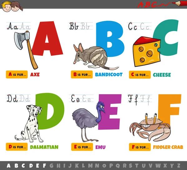 AからFまでの子供のための読み書き練習のためのアルファベット教育セットからの大文字の漫画のイラスト — ストックベクタ