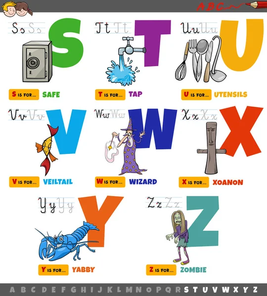 Zeichentrickillustration Von Großbuchstaben Alphabet Lernset Für Lese Und Schreibübungen Für — Stockvektor