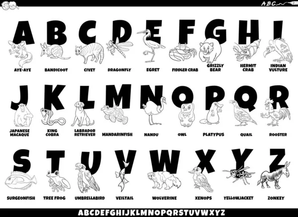 面白い動物の文字やキャプションとカラフルなフルアルファベットセットの漫画イラスト — ストックベクタ