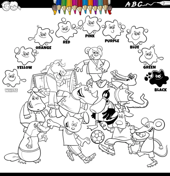 Schwarz Weiße Pädagogische Zeichentrickillustration Der Grundfarben Für Kinder Mit Tieren — Stockvektor