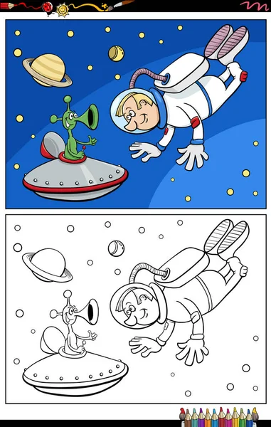 Ilustrasi Kartun Astronot Dan Karakter Alien Halaman Buku Pewarnaan Ruang - Stok Vektor