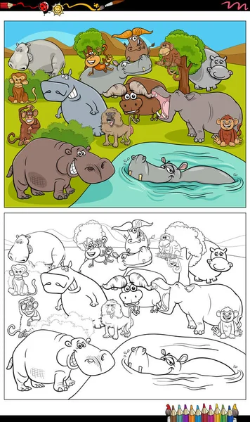 Dibujos Animados Ilustración Animales Salvajes Personajes Cómicos Grupo Para Colorear — Archivo Imágenes Vectoriales