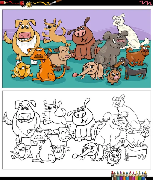 Illustrazione Cartone Animato Cani Divertenti Personaggi Animali Gruppo Colorare Pagina — Vettoriale Stock