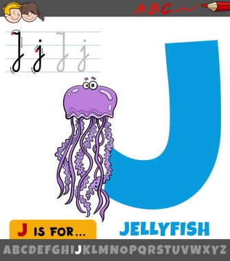 Denizanası hayvan karakterli J harfinin eğitici çizimi.