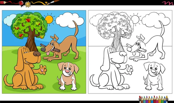 Illustration Dessins Animés Chiens Chiots Groupe Caractères Animaux Page Livre — Image vectorielle