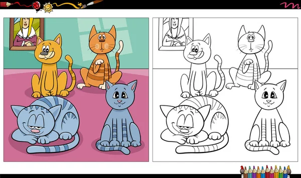 Desenhos Animados Ilustração Gatos Gatinhos Personagens Animais Grupo Colorir Página —  Vetores de Stock