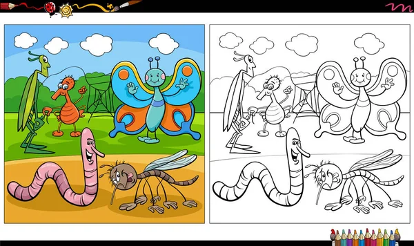 Dibujos Animados Ilustración Insectos Bichos Animales Personajes Grupo Para Colorear — Archivo Imágenes Vectoriales