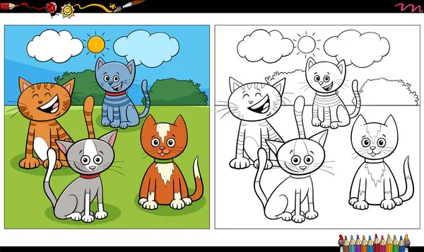 Kedi Kedi Yavrularının Çizgi Film Çizimi Hayvan Karakterleri Grup Boyama — Stok Vektör