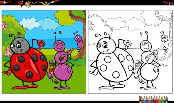 Illustration Bande Dessinée Fourmi Coccinelle Insectes Animaux Personnages Groupe Coloriage — Image vectorielle